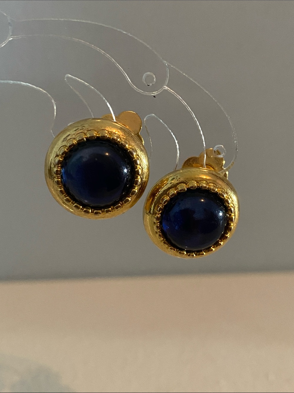 Gold-Tone With Blue Cabochon Button Clip On Earrings